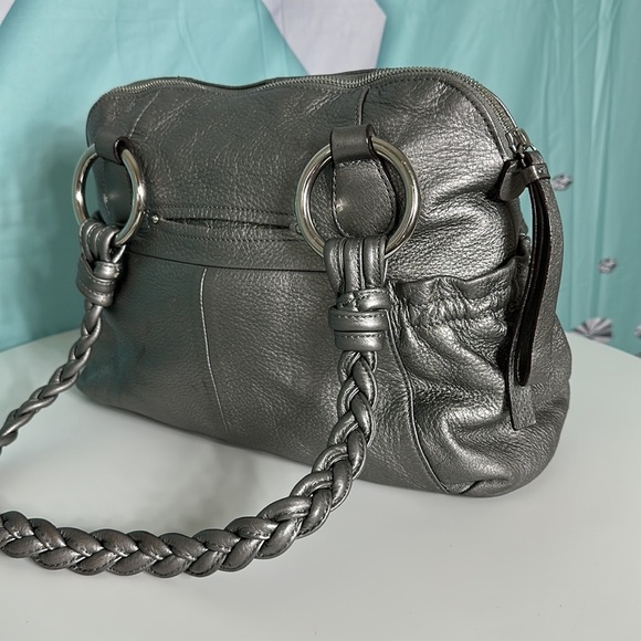 B. MAKOWSKI Pebbled Leather Hobo Bag A211928 Grey Pockets Braided Straps Classic - Picture 6 of 15
